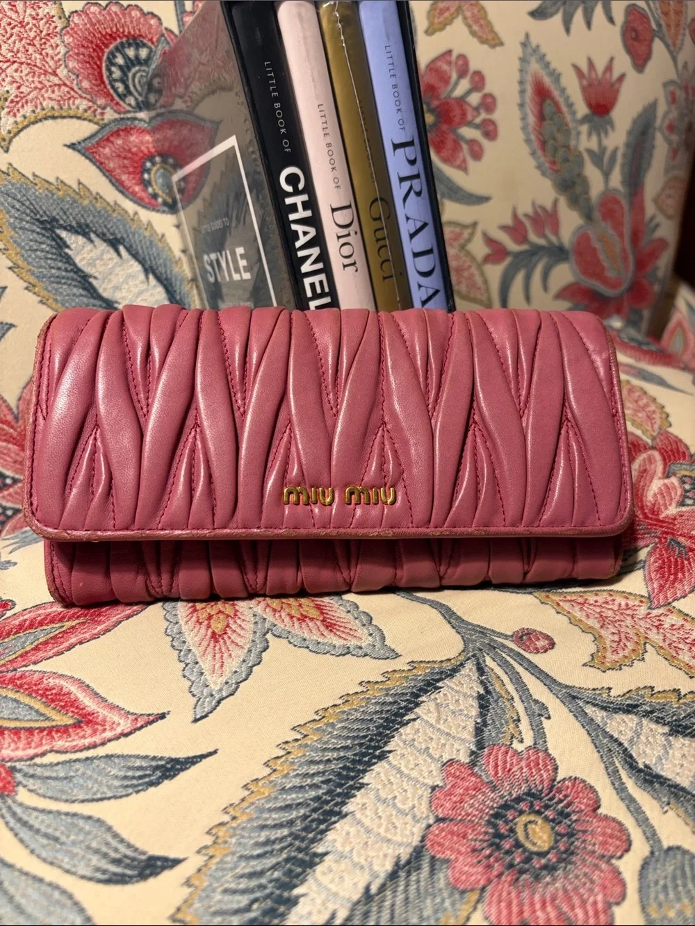 Miu Miu Quilted Leather Long Wallet in Rose Pink with Gold Logo GUC Vintage